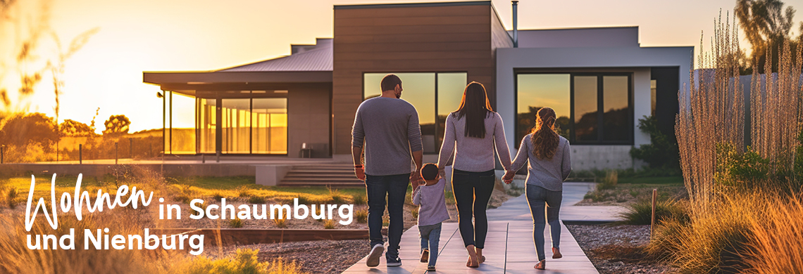 Glückliche Familie am Haus bei Sonnenuntergang